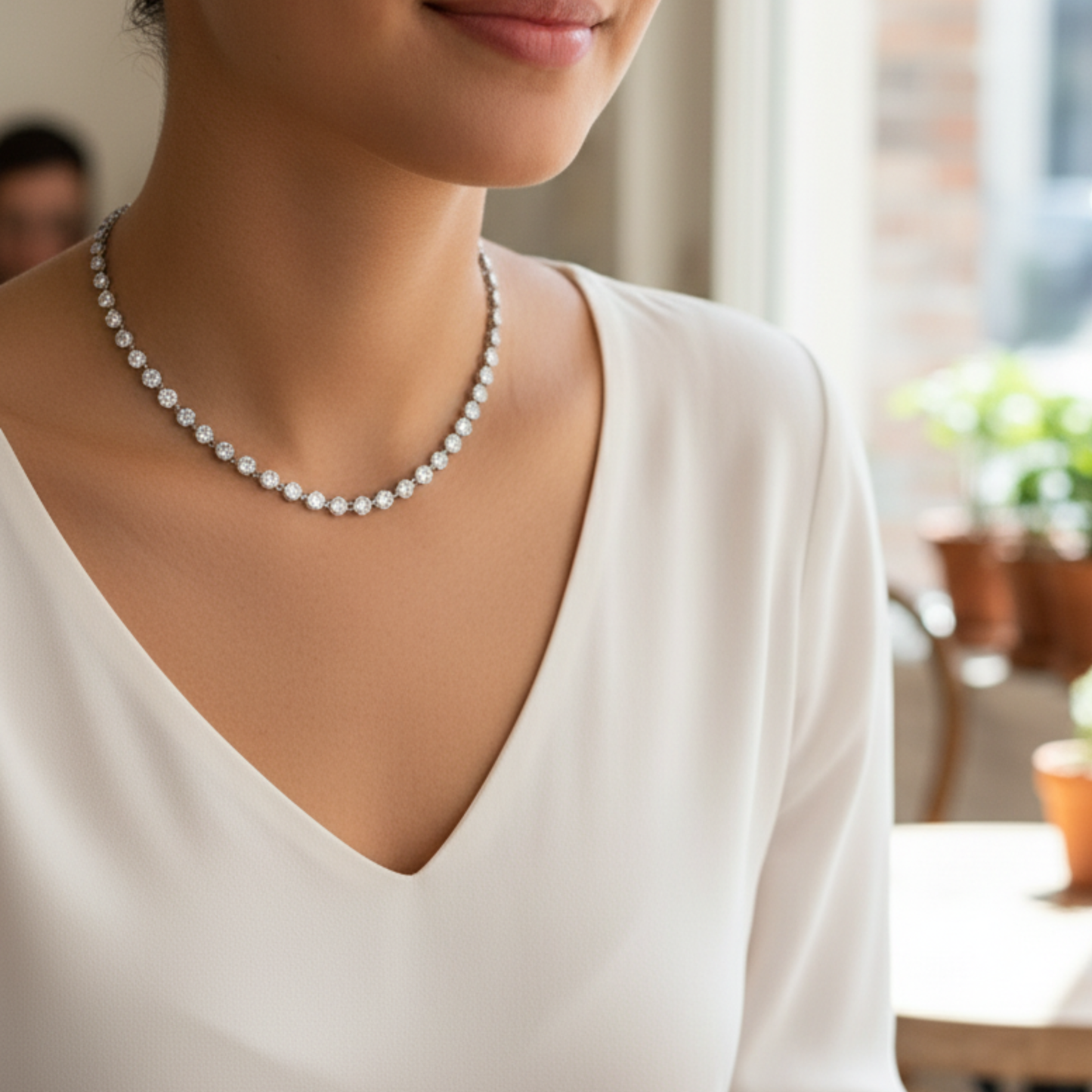 Silver crystal tennis necklace with bezel-set stones