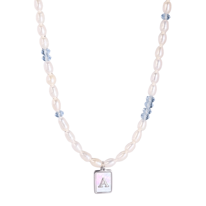 silver initial and birthstone pearl necklace featuring freshwater pearl and Swarovski element crystal, personalised elegant jewellery gift for women