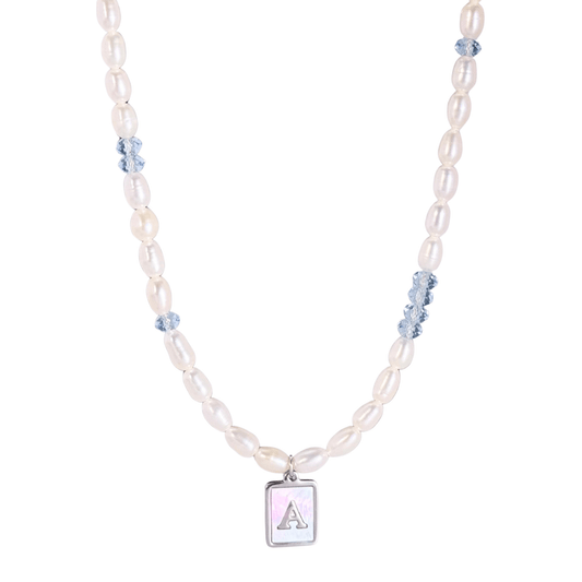 silver initial and birthstone pearl necklace featuring freshwater pearl and Swarovski element crystal, personalised elegant jewellery gift for women