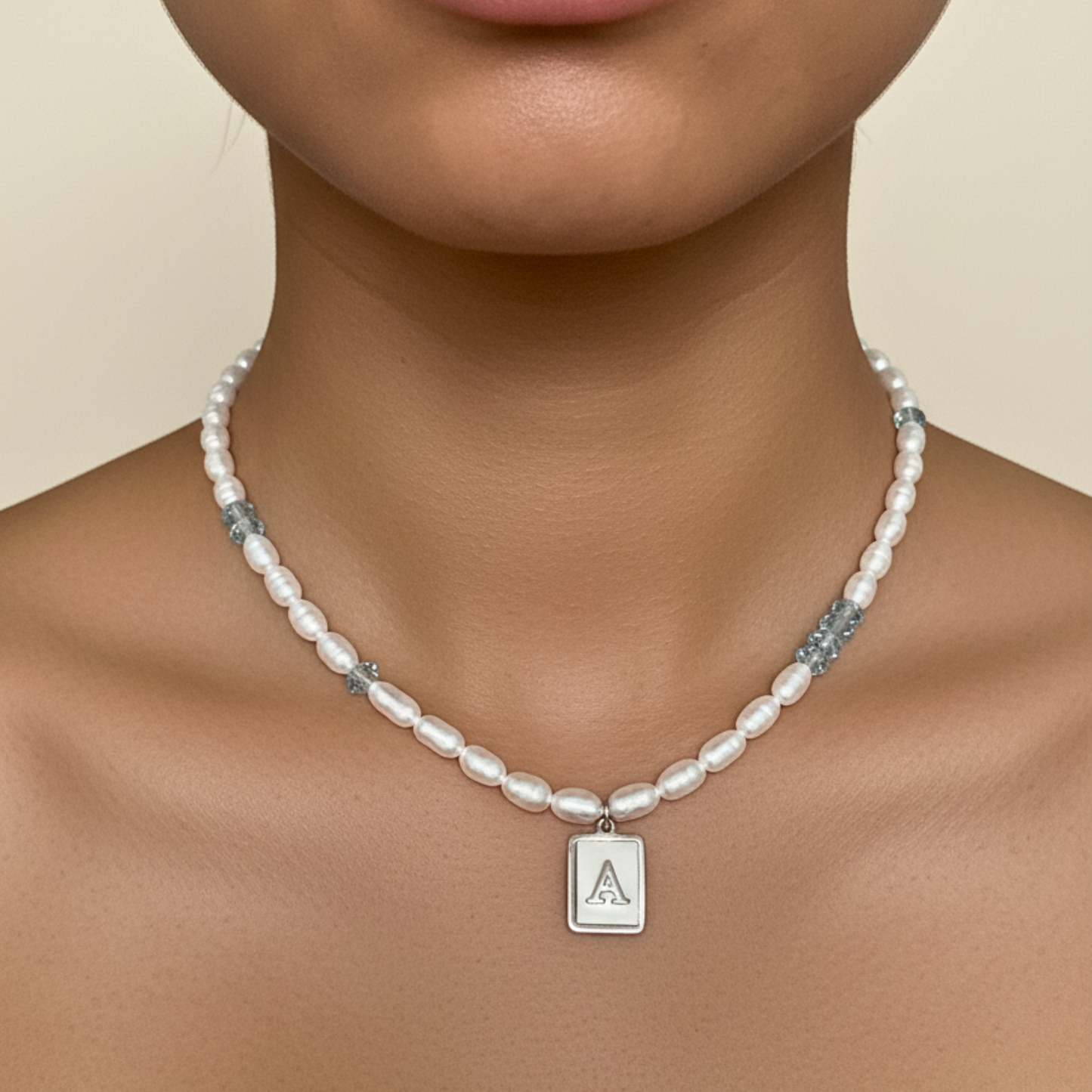 silver initial and birthstone pearl necklace featuring freshwater pearl and Swarovski element crystal, personalised elegant jewellery gift for women