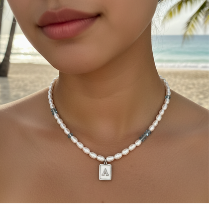 silver initial and birthstone pearl necklace featuring freshwater pearl and Swarovski element crystal, personalised elegant jewellery gift for women