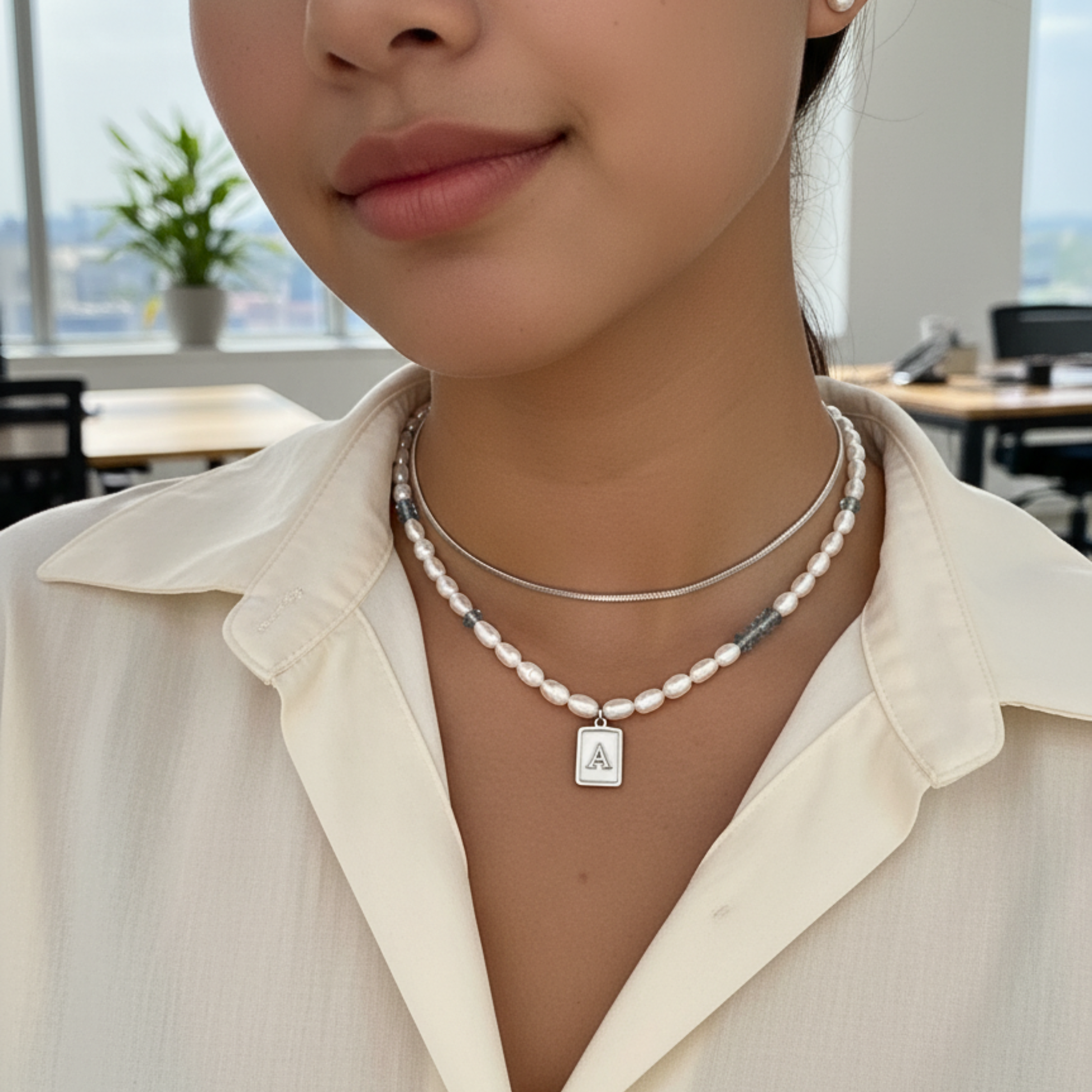 silver initial and birthstone pearl necklace featuring freshwater pearl and Swarovski element crystal, personalised elegant jewellery gift for women