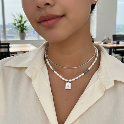 silver initial and birthstone pearl necklace featuring freshwater pearl and Swarovski element crystal, personalised elegant jewellery gift for women