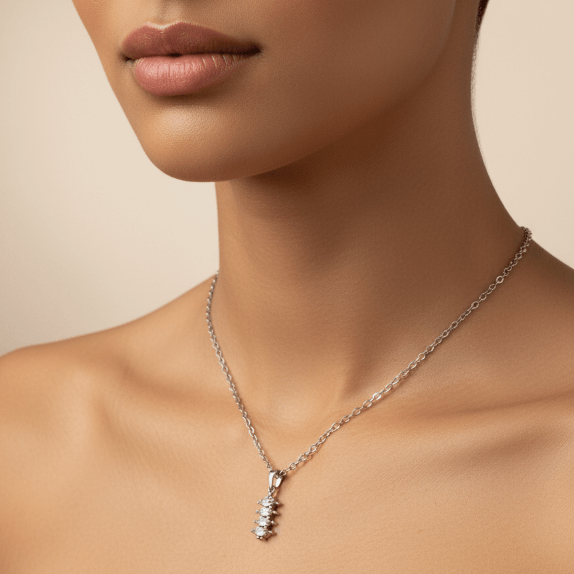 silver quad marquise crystal necklace with four clear navette stones on fine silver chain