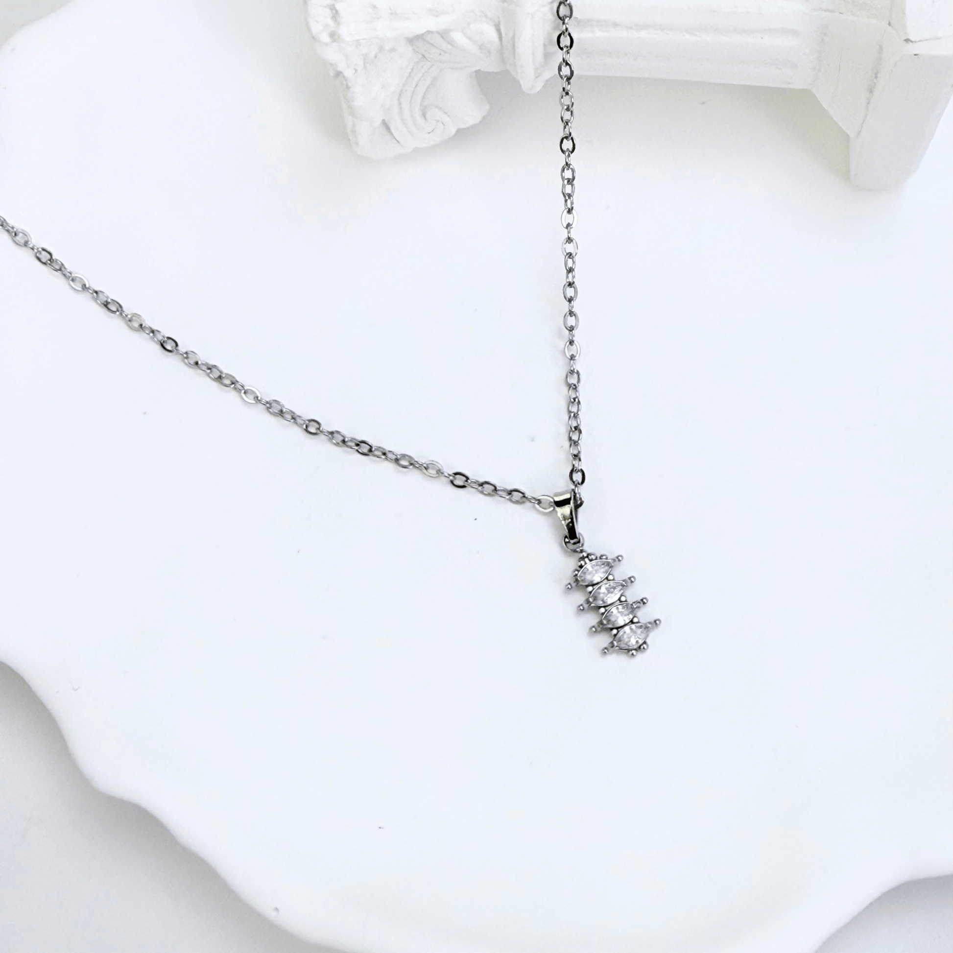 silver quad marquise crystal necklace with four clear navette stones on fine silver chain