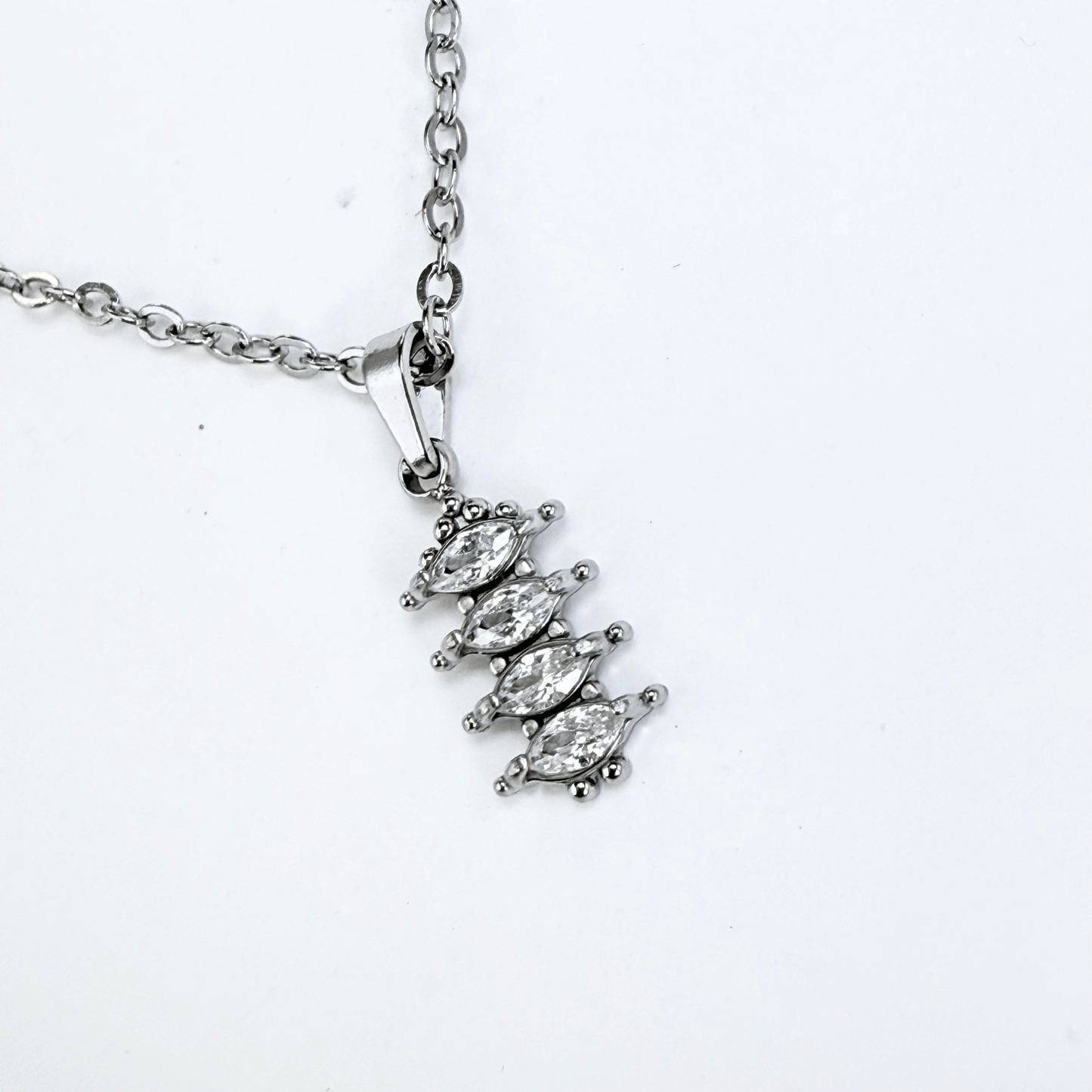 silver quad marquise crystal necklace with four clear navette stones on fine silver chain