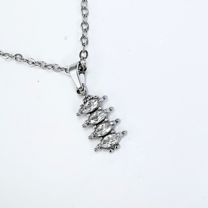 silver quad marquise crystal necklace with four clear navette stones on fine silver chain