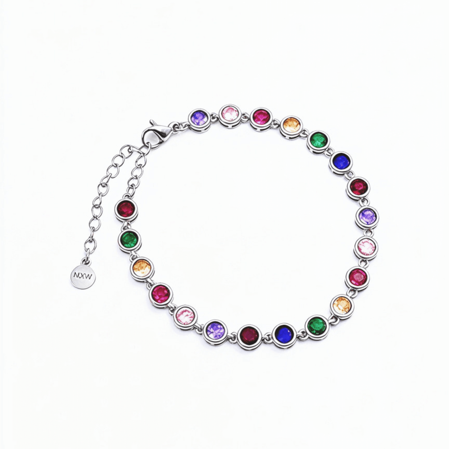 silver rainbow crystal tennis bracelet with multi-coloured bezel-set stones.