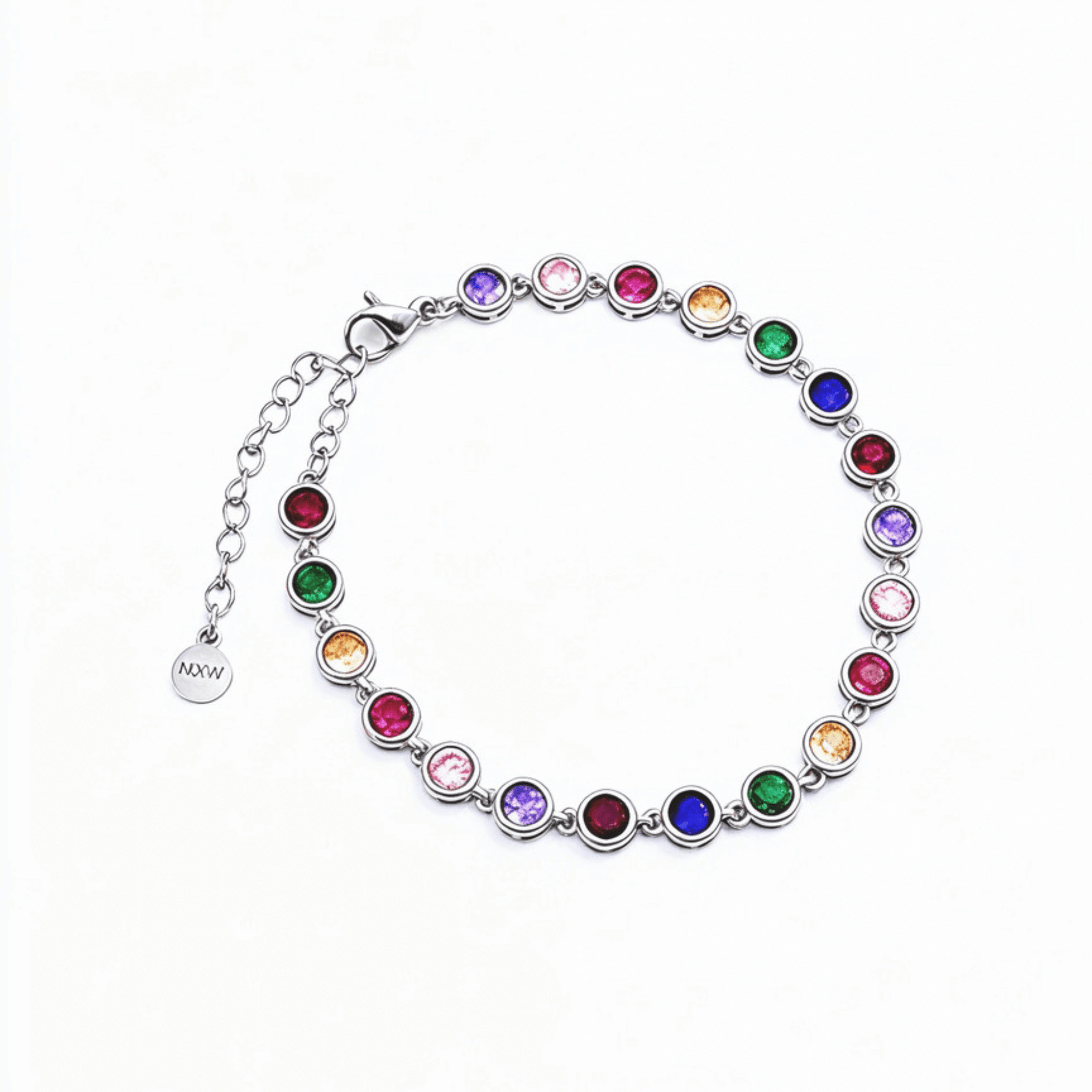 silver rainbow crystal tennis bracelet with multi-coloured bezel-set stones.