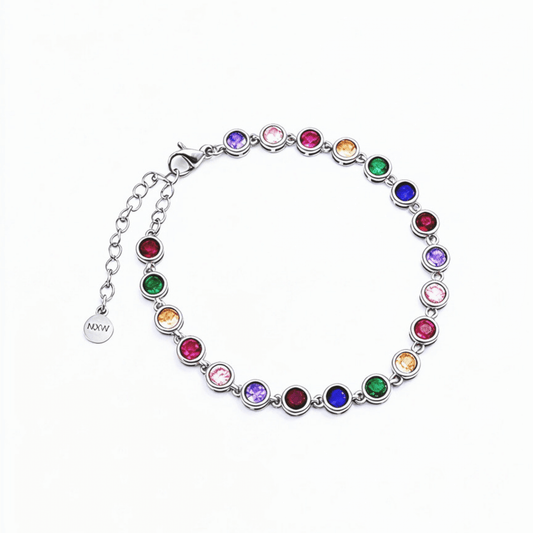 silver rainbow crystal tennis bracelet with multi-coloured bezel-set stones.