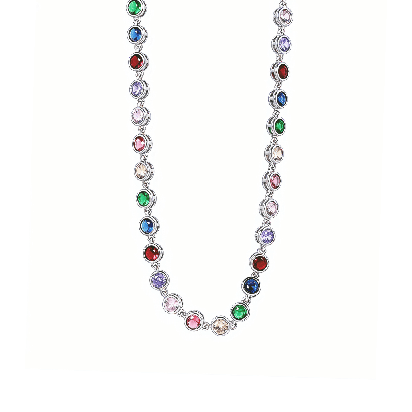 silver rainbow crystal tennis necklace with multi-coloured zircon.