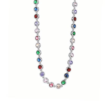 silver rainbow crystal tennis necklace with multi-coloured zircon.