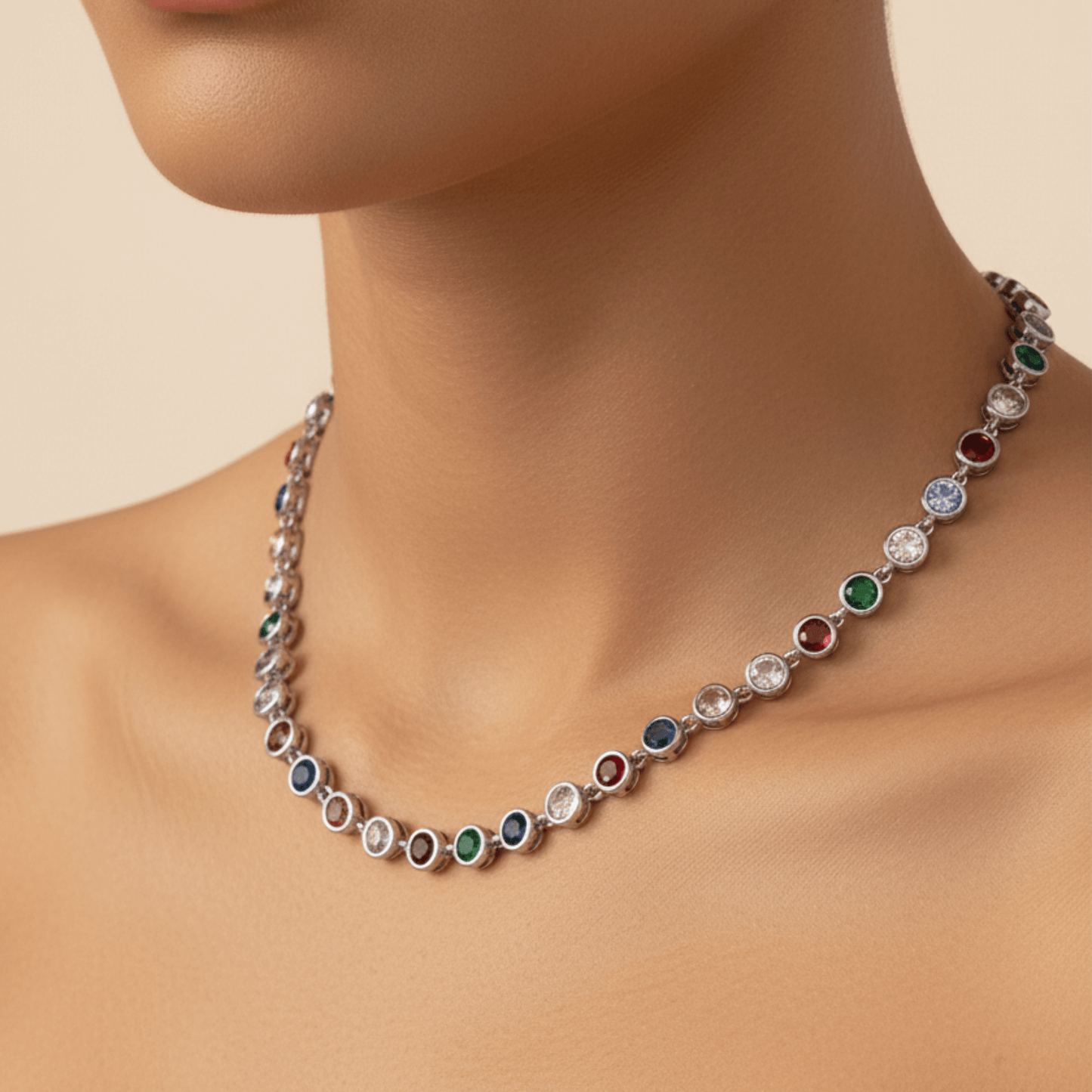 silver rainbow crystal tennis necklace with multi-coloured zircon.