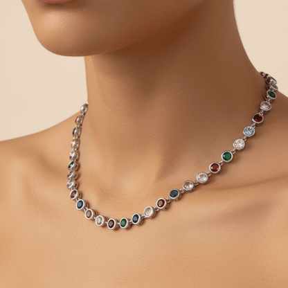 silver rainbow crystal tennis necklace with multi-coloured zircon.