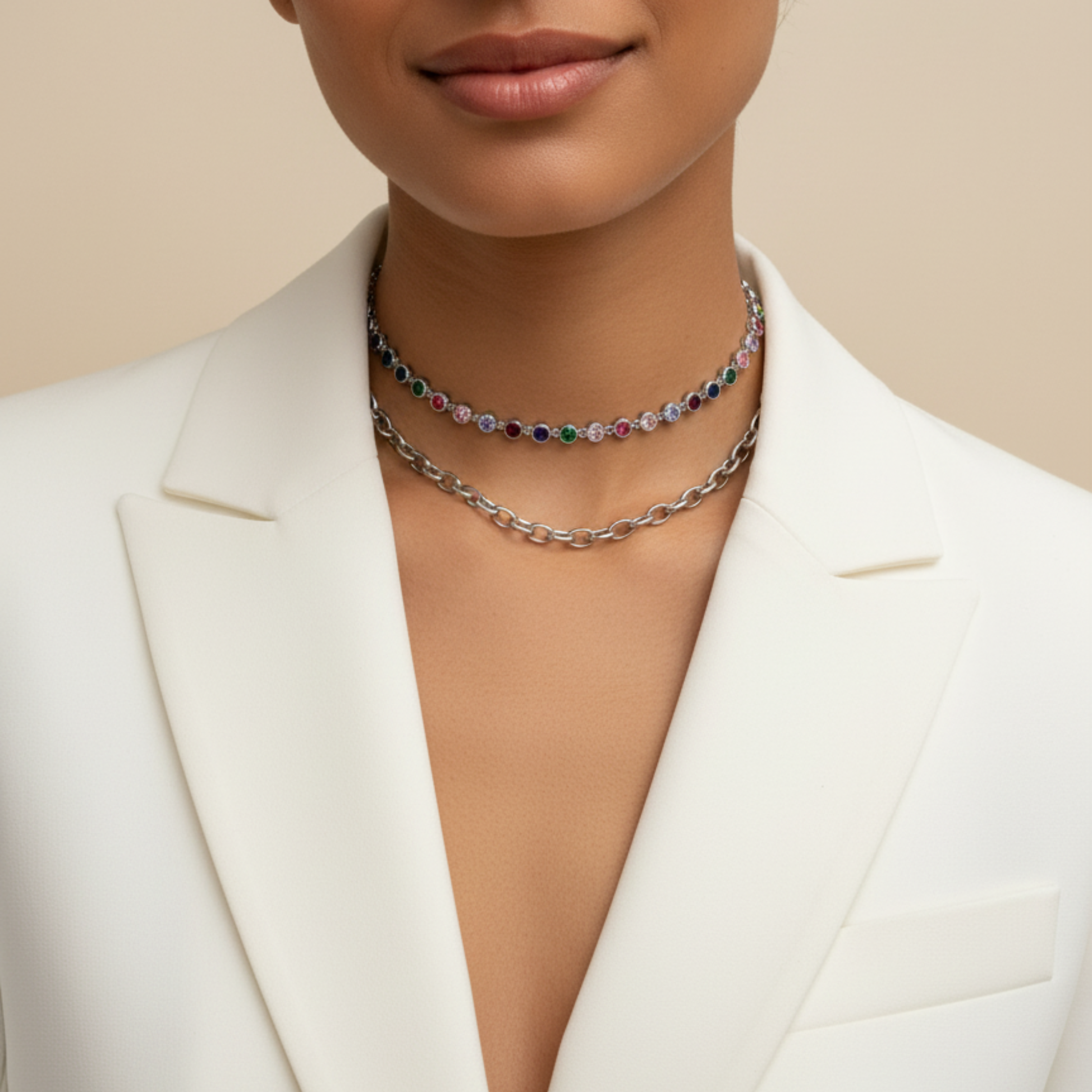 silver rainbow crystal tennis necklace with multi-coloured zircon.