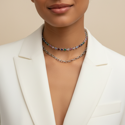 silver rainbow crystal tennis necklace with multi-coloured zircon.