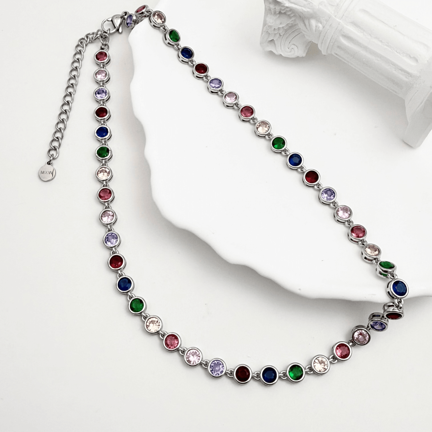 silver rainbow crystal tennis necklace with multi-coloured zircon.