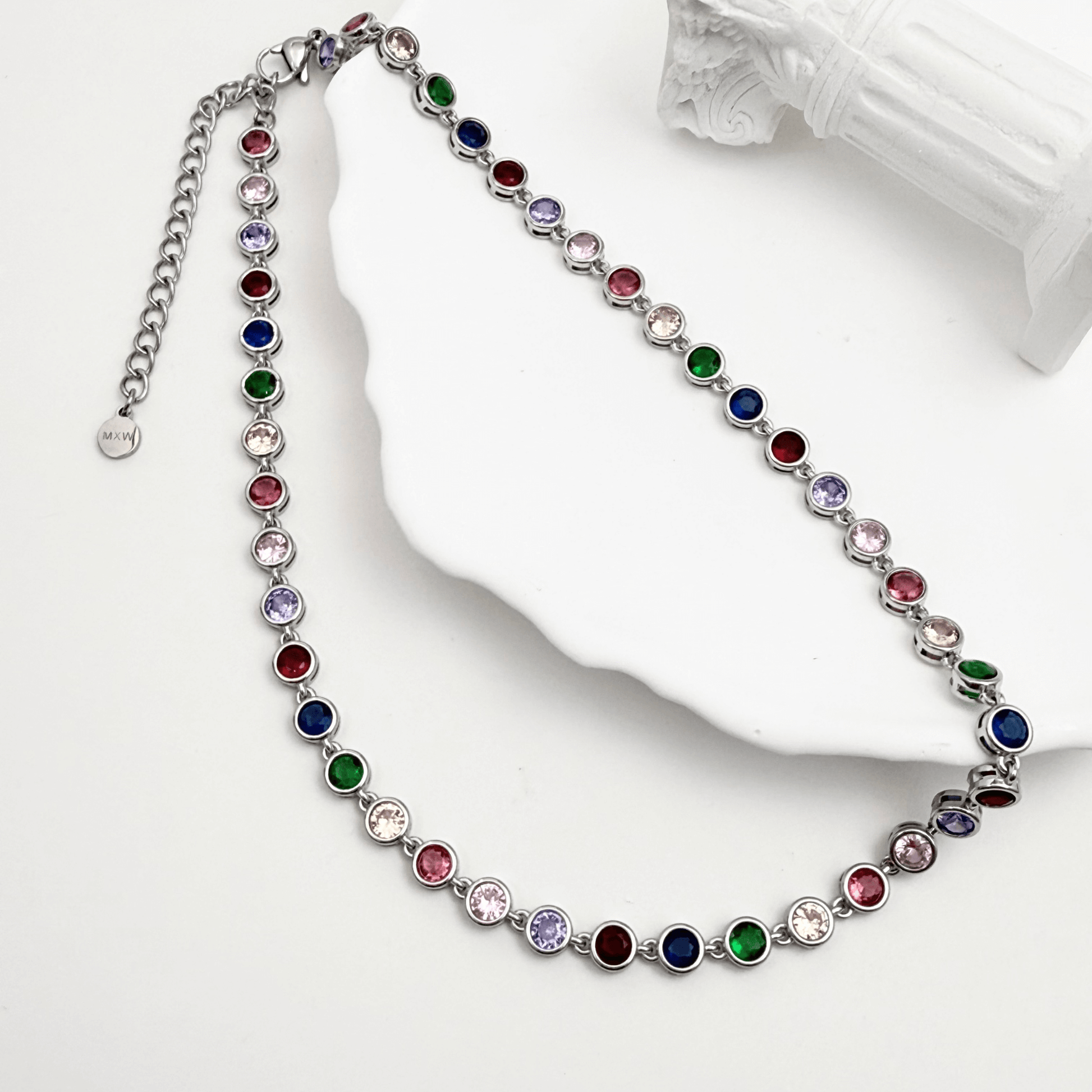 silver rainbow crystal tennis necklace with multi-coloured zircon.