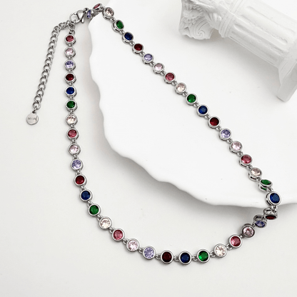 silver rainbow crystal tennis necklace with multi-coloured zircon.