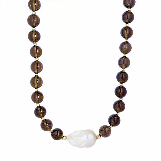 Natural smoky quartz and 14K gold filled beaded necklace with premium freshwater baroque pearl centrepiece, hand-finished in Australia