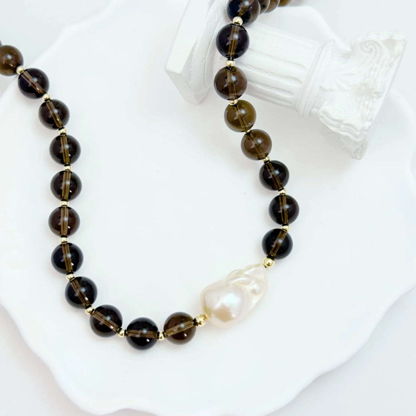Natural smoky quartz and 14K gold filled beaded necklace with premium freshwater baroque pearl centrepiece, hand-finished in Australia