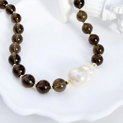Natural smoky quartz and 14K gold filled beaded necklace with premium freshwater baroque pearl centrepiece, hand-finished in Australia