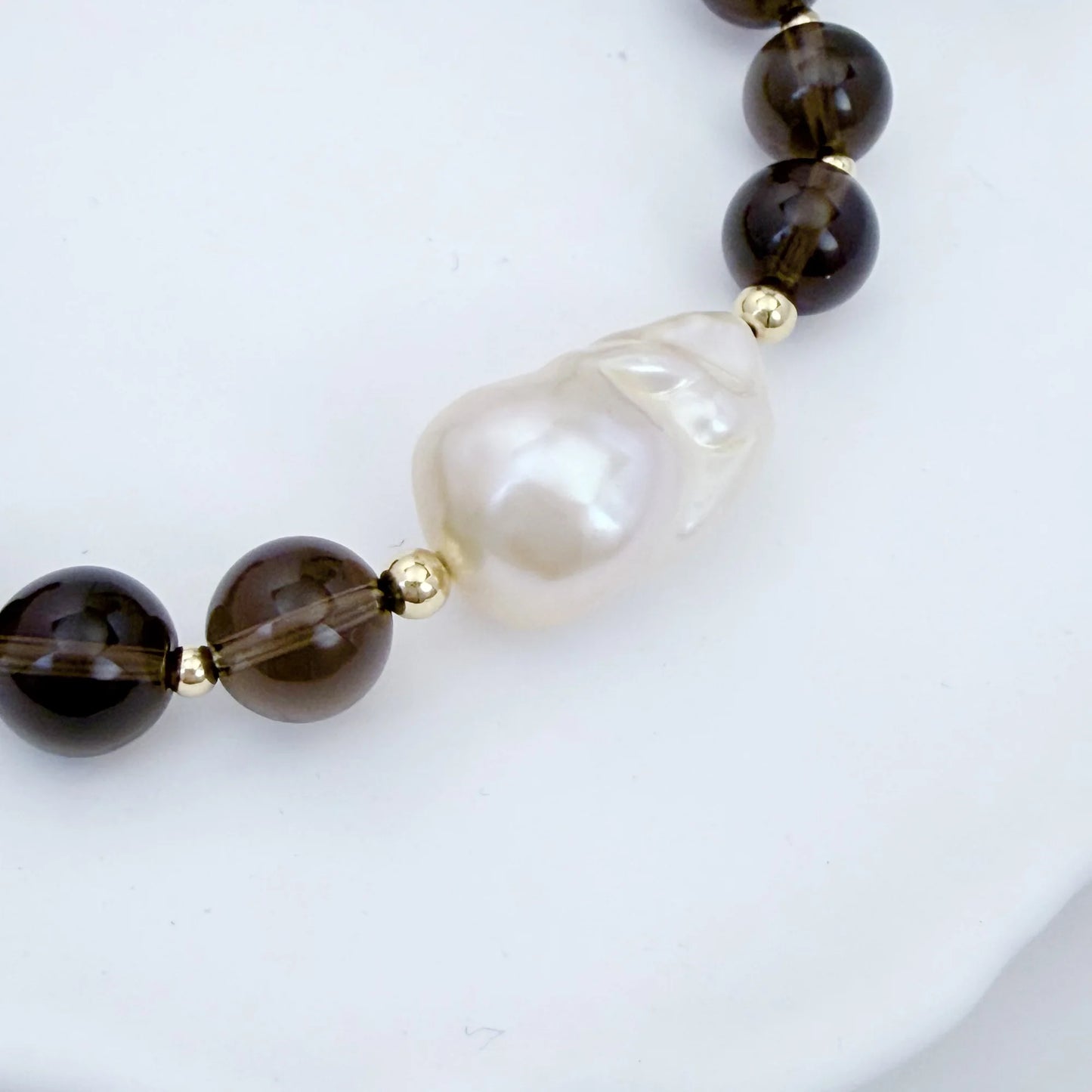 Natural smoky quartz and 14K gold filled beaded necklace with premium freshwater baroque pearl centrepiece, hand-finished in Australia