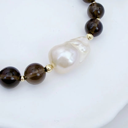 Natural smoky quartz and 14K gold filled beaded necklace with premium freshwater baroque pearl centrepiece, hand-finished in Australia