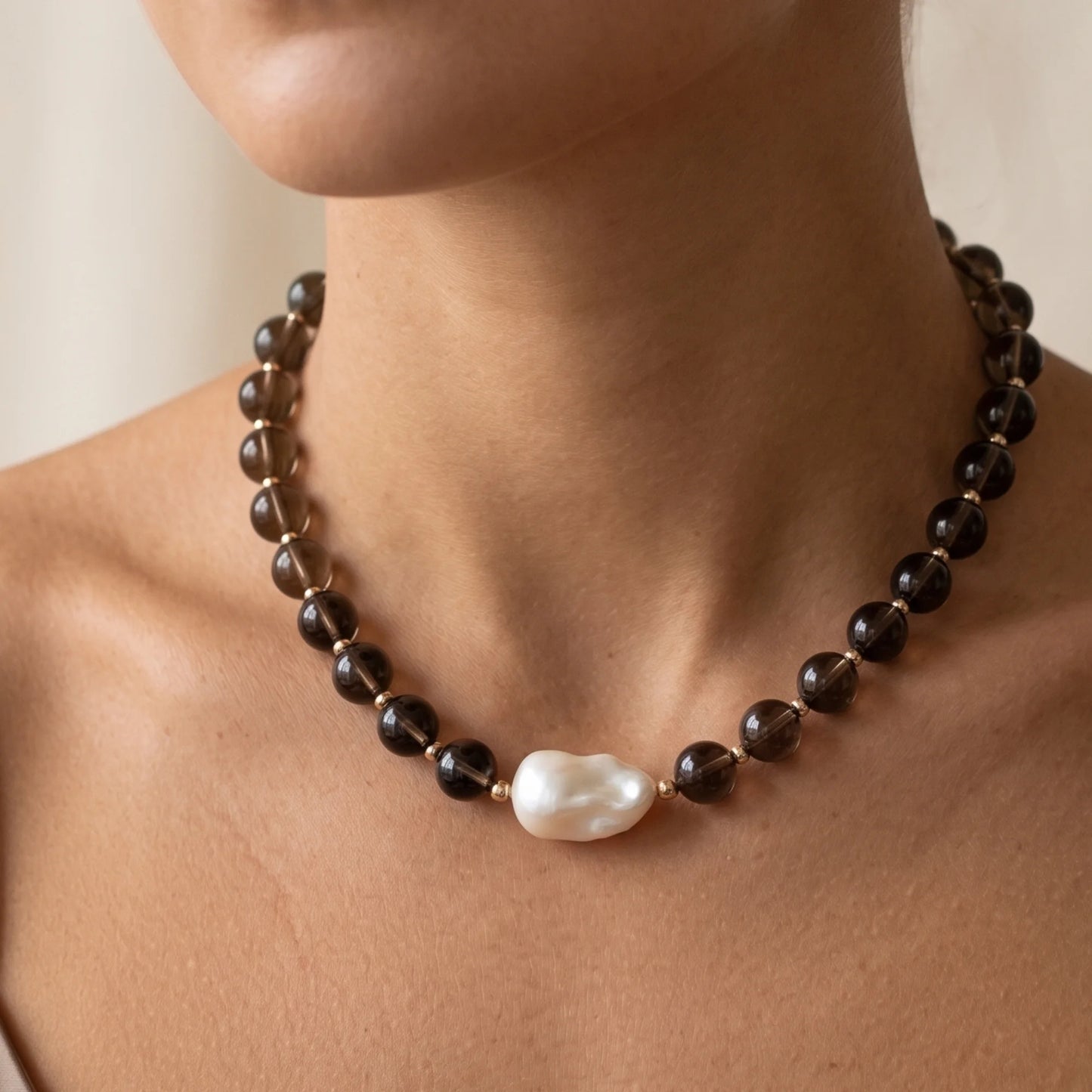 Natural smoky quartz and 14K gold filled beaded necklace with premium freshwater baroque pearl centrepiece, hand-finished in Australia