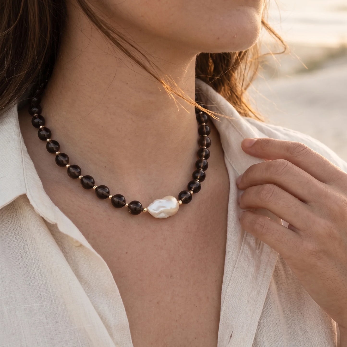 Natural smoky quartz and 14K gold filled beaded necklace with premium freshwater baroque pearl centrepiece, hand-finished in Australia