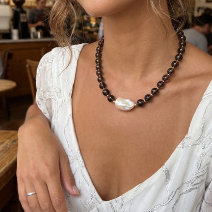 Natural smoky quartz and 14K gold filled beaded necklace with premium freshwater baroque pearl centrepiece, hand-finished in Australia