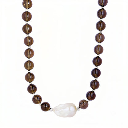 Natural smoky quartz and 925 sterling silver beaded necklace with premium freshwater baroque pearl centrepiece, hand-finished in Australia