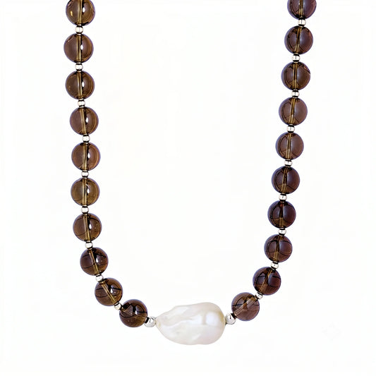 Natural smoky quartz and 925 sterling silver beaded necklace with premium freshwater baroque pearl centrepiece, hand-finished in Australia