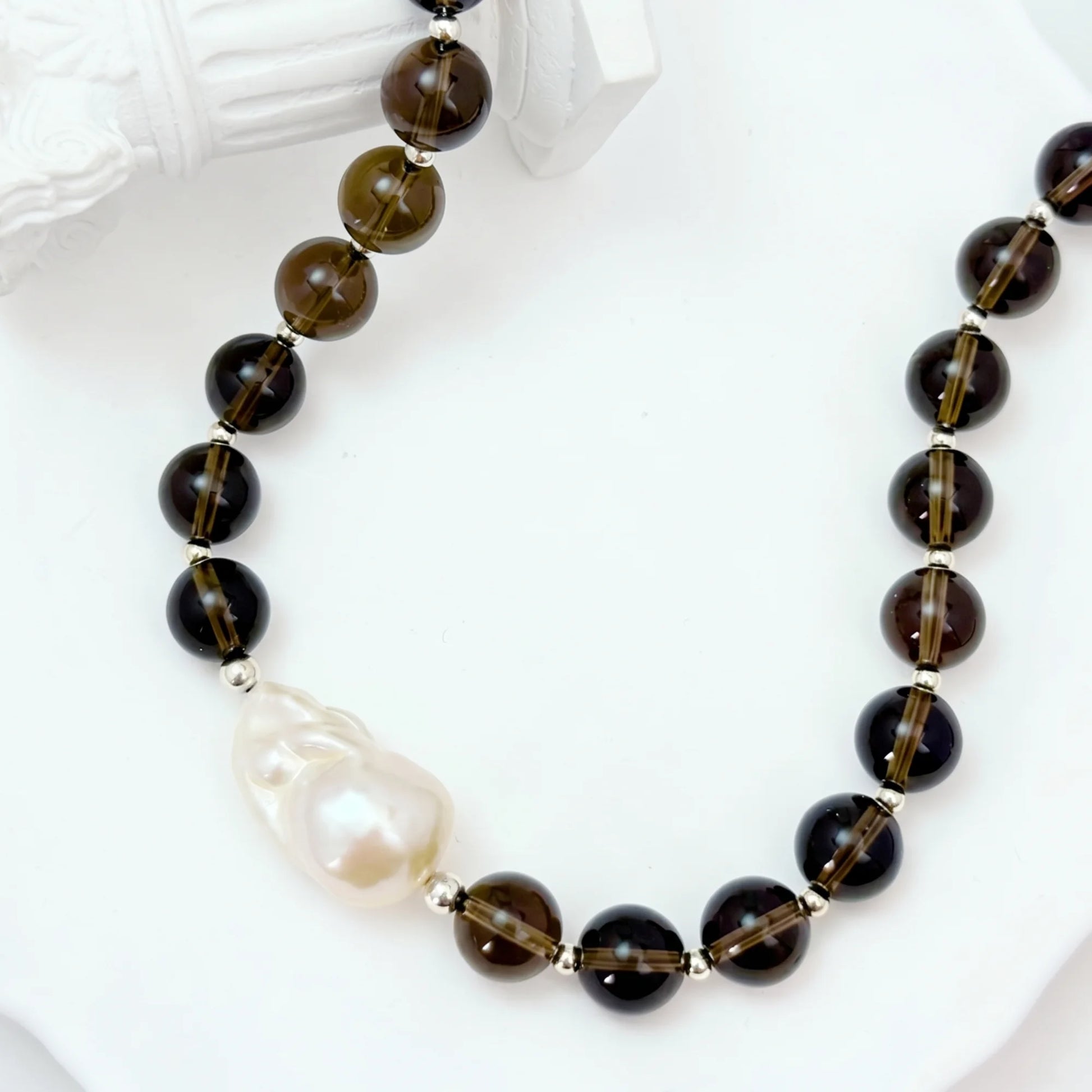 Natural smoky quartz and 925 sterling silver beaded necklace with premium freshwater baroque pearl centrepiece, hand-finished in Australia