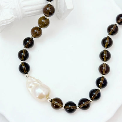 Natural smoky quartz and 925 sterling silver beaded necklace with premium freshwater baroque pearl centrepiece, hand-finished in Australia