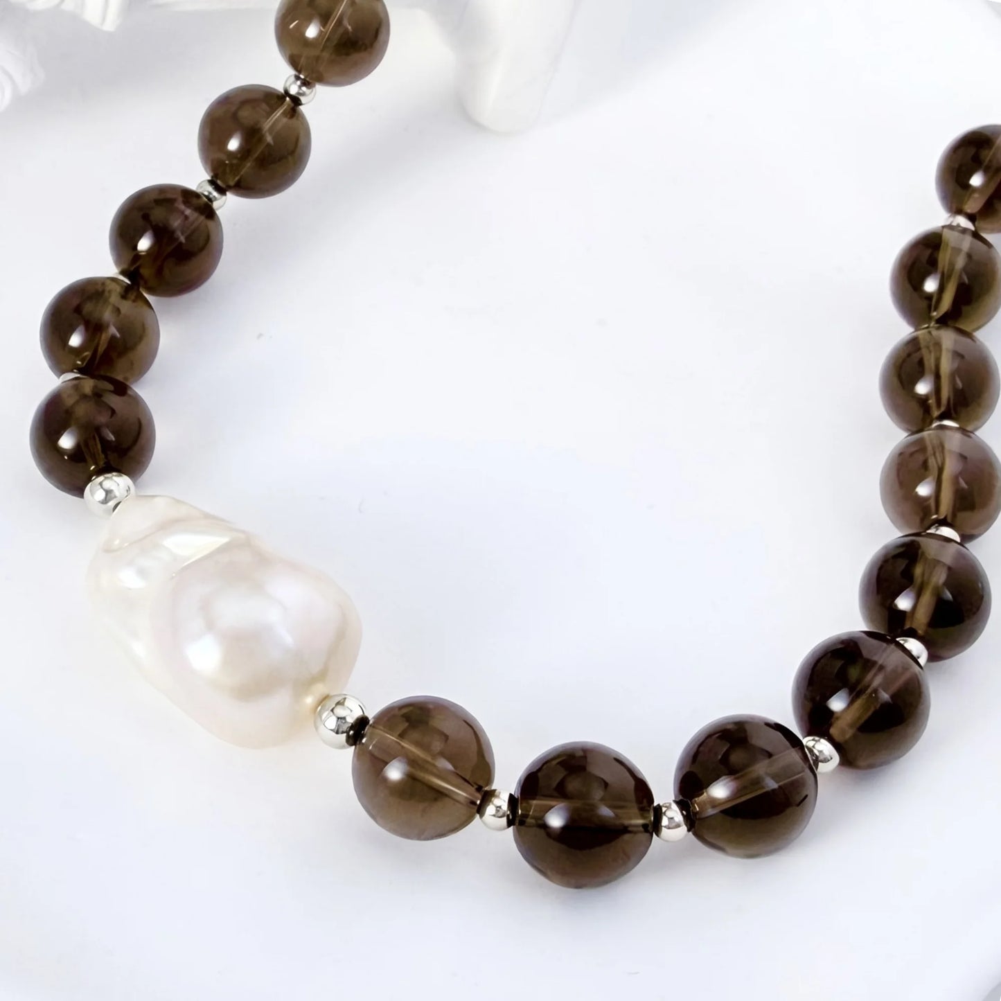 Natural smoky quartz and 925 sterling silver beaded necklace with premium freshwater baroque pearl centrepiece, hand-finished in Australia