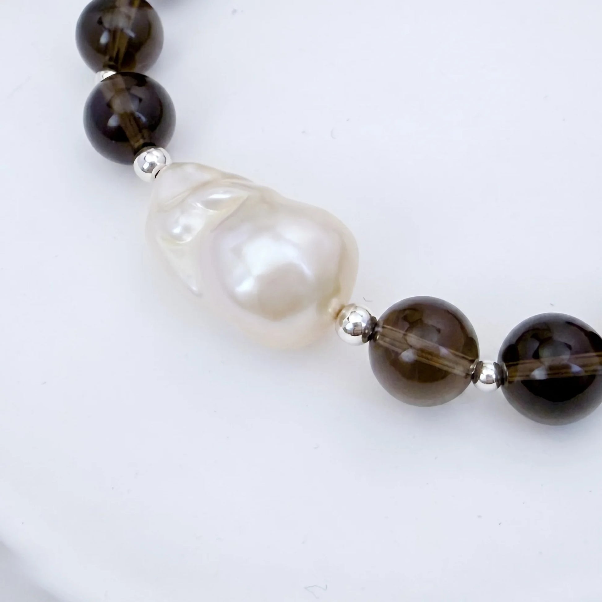 Natural smoky quartz and 925 sterling silver beaded necklace with premium freshwater baroque pearl centrepiece, hand-finished in Australia