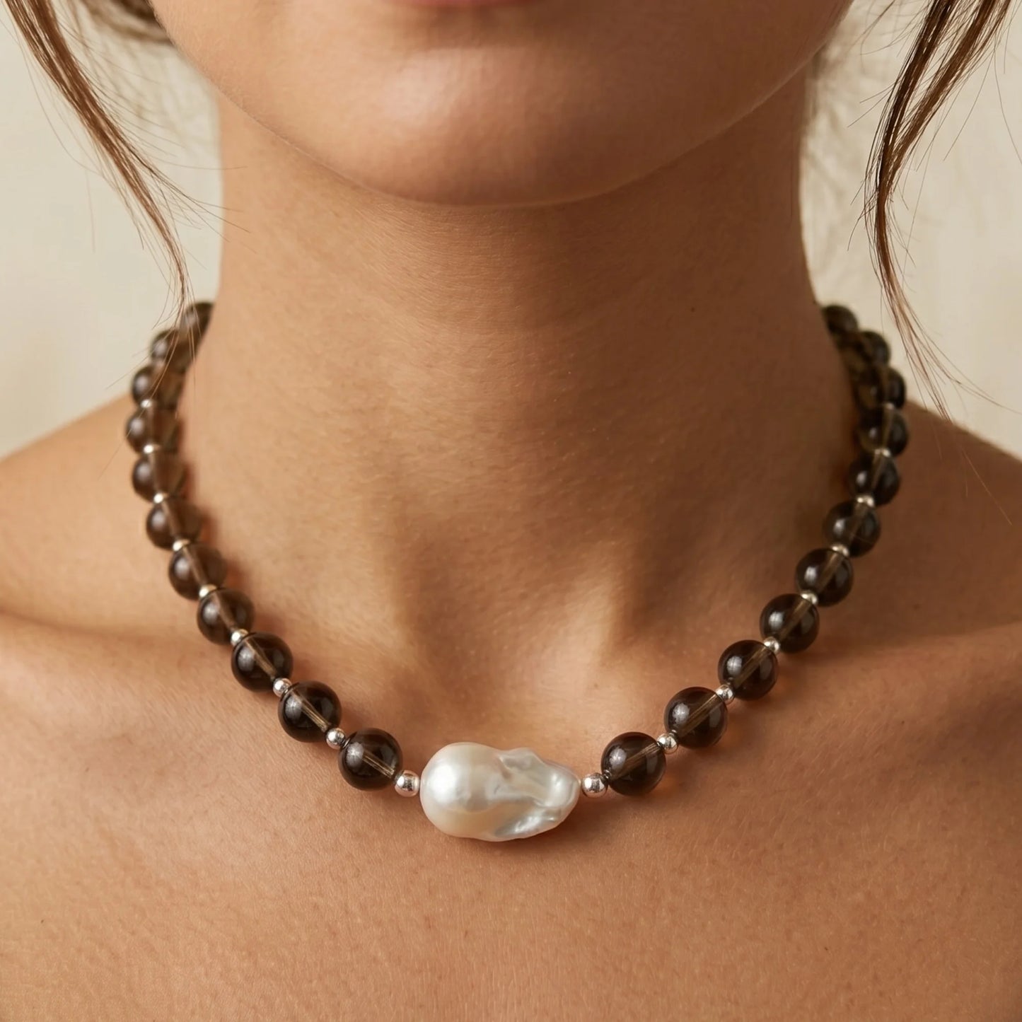 Natural smoky quartz and 925 sterling silver beaded necklace with premium freshwater baroque pearl centrepiece, hand-finished in Australia