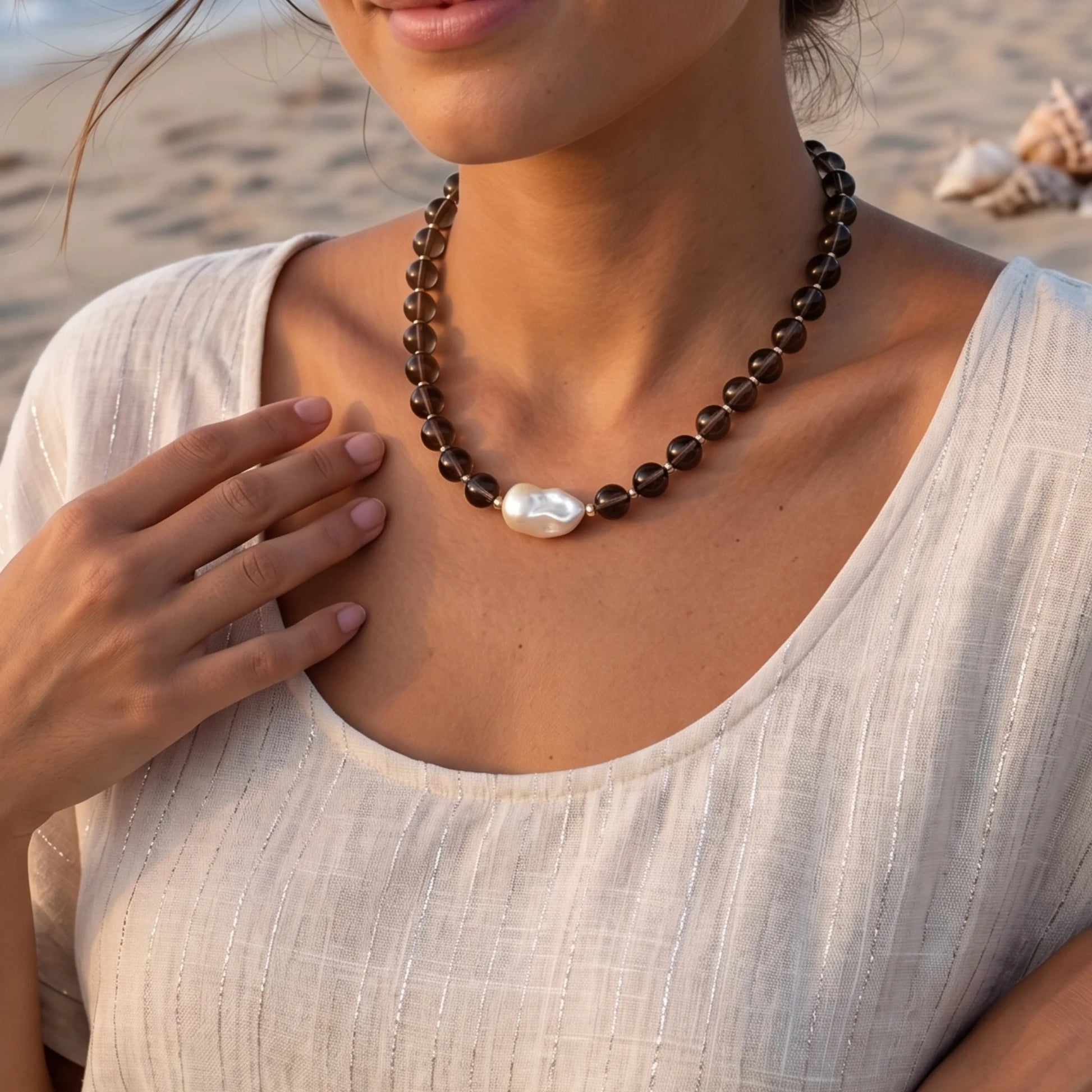 Natural smoky quartz and 925 sterling silver beaded necklace with premium freshwater baroque pearl centrepiece, hand-finished in Australia