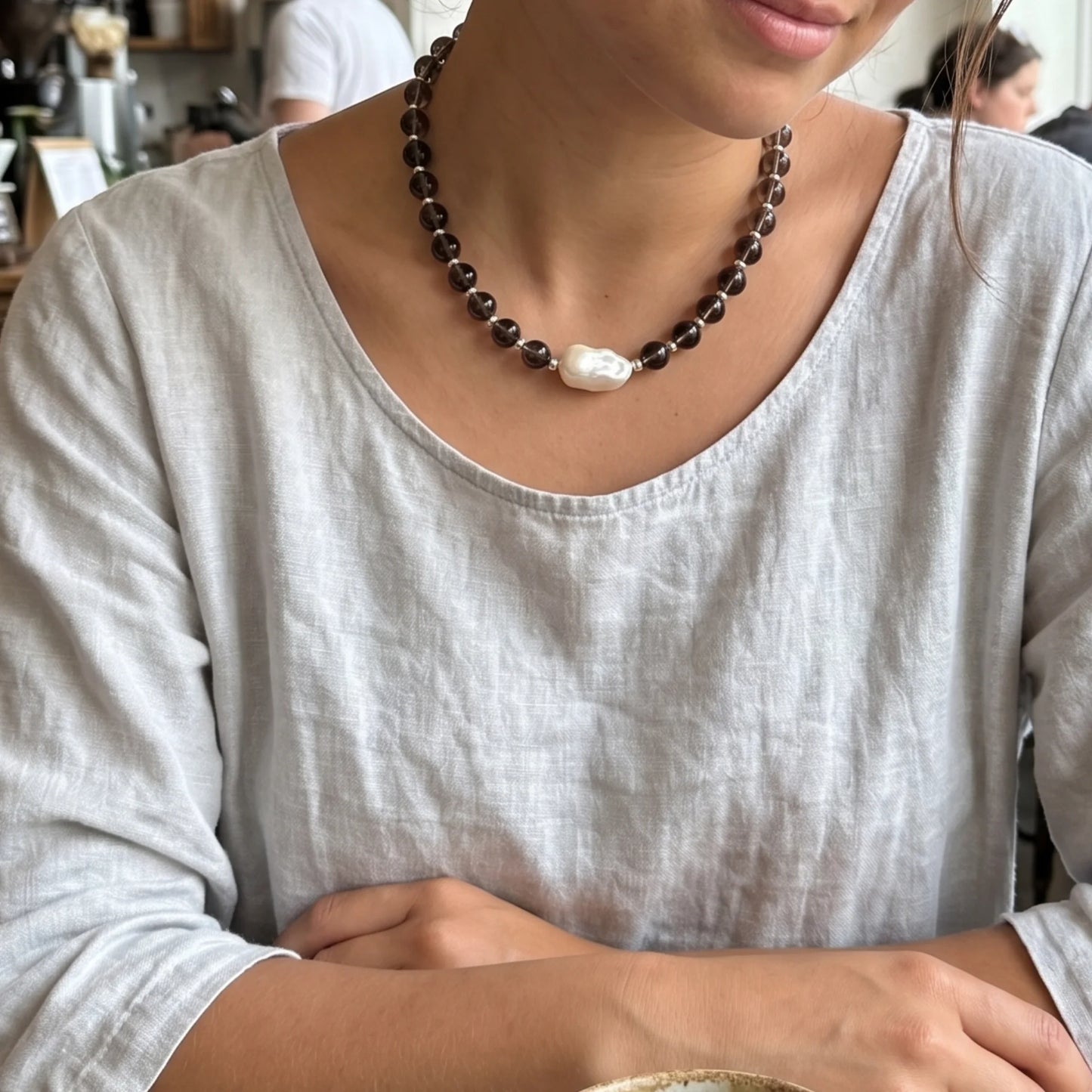 Natural smoky quartz and 925 sterling silver beaded necklace with premium freshwater baroque pearl centrepiece, hand-finished in Australia