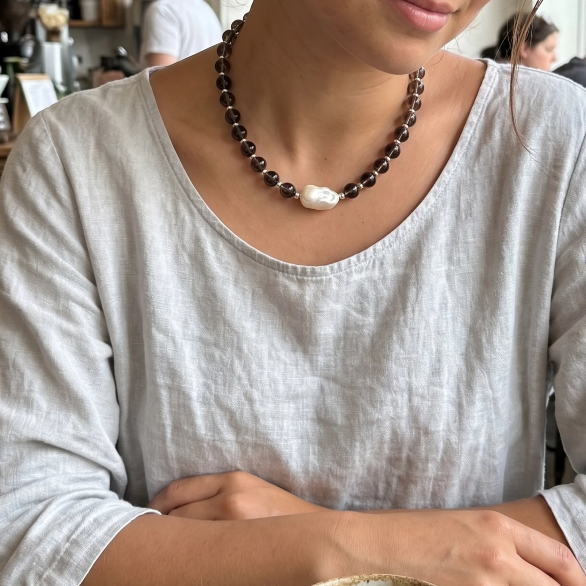 Natural smoky quartz and 925 sterling silver beaded necklace with premium freshwater baroque pearl centrepiece, hand-finished in Australia