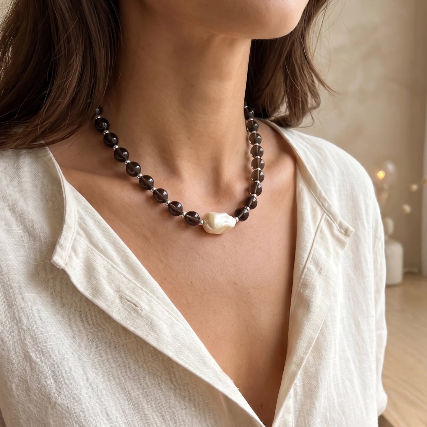 Natural smoky quartz and 925 sterling silver beaded necklace with premium freshwater baroque pearl centrepiece, hand-finished in Australia