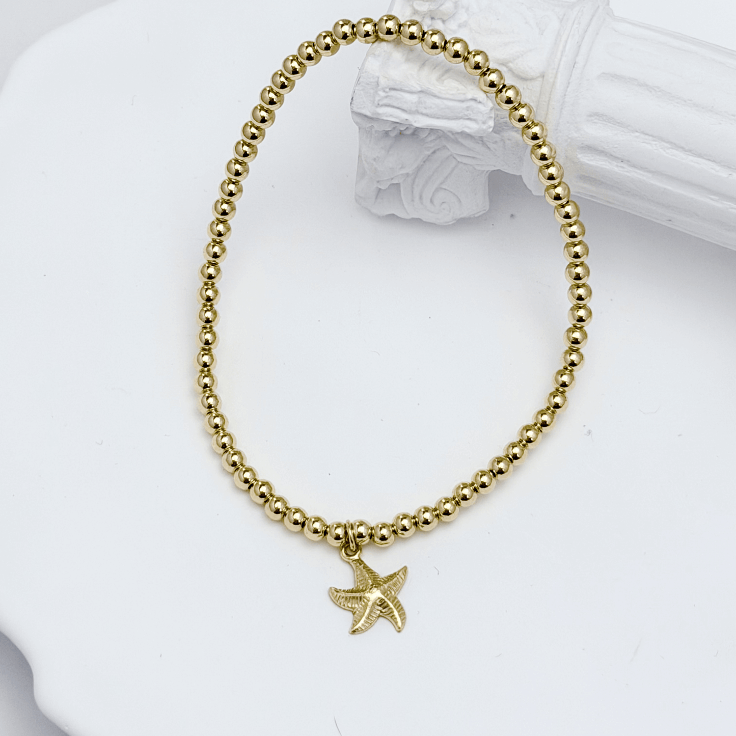 Waterproof starfish charm gold bead bracelet with textured starfish detail – MXW Jewellery