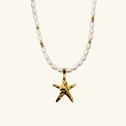 Gold starfish charm necklace with freshwater pearls – ocean-inspired jewelry