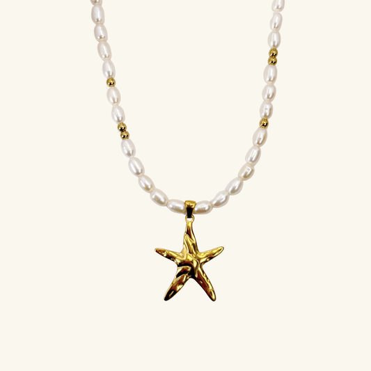 Gold starfish charm necklace with freshwater pearls – ocean-inspired jewelry