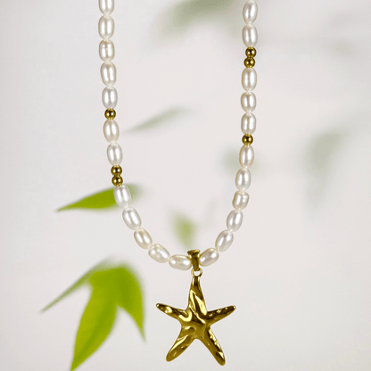 Gold starfish charm necklace with freshwater pearls – ocean-inspired jewellery