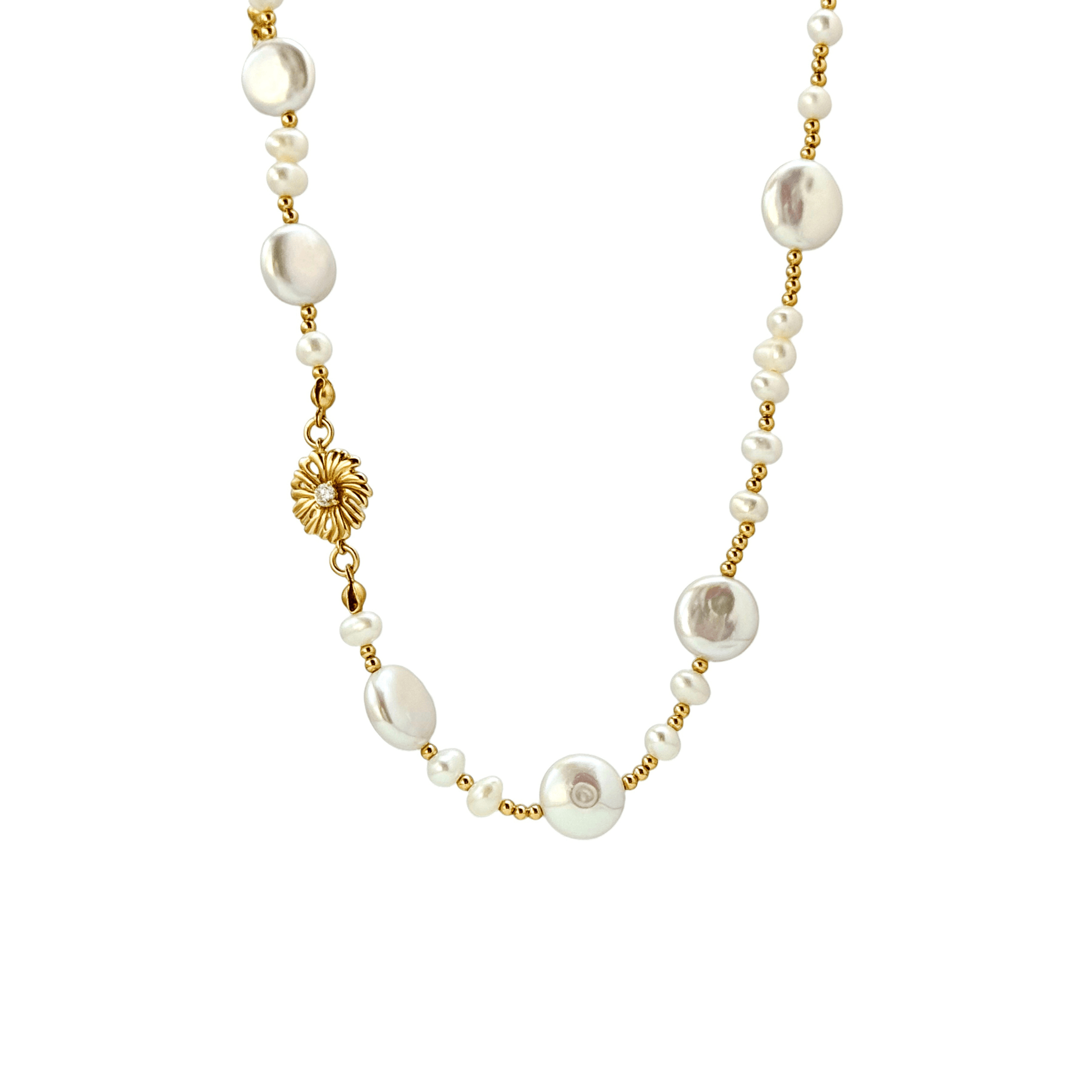 Gold and pearl sunburst necklace with baroque pearls and vintage-inspired design