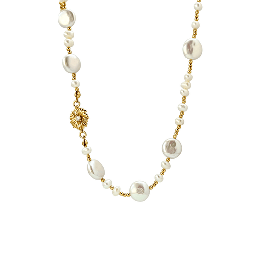 Gold and pearl sunburst necklace with baroque pearls and vintage-inspired design