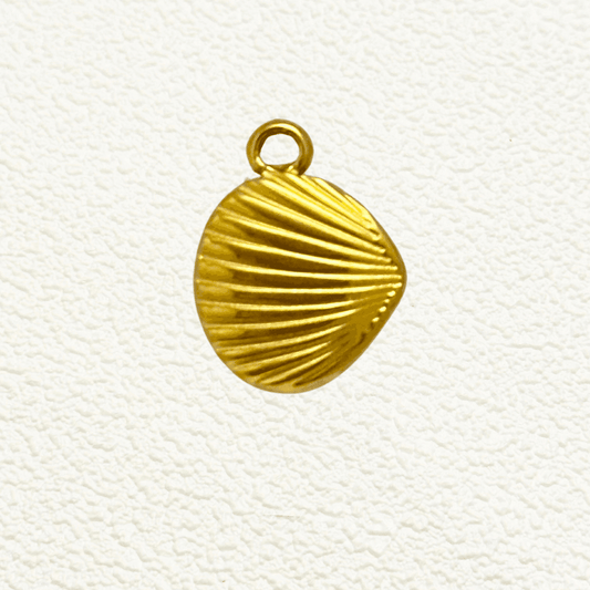 Gold clam shell charm with fine vertical ridges, PVD gold plated finish