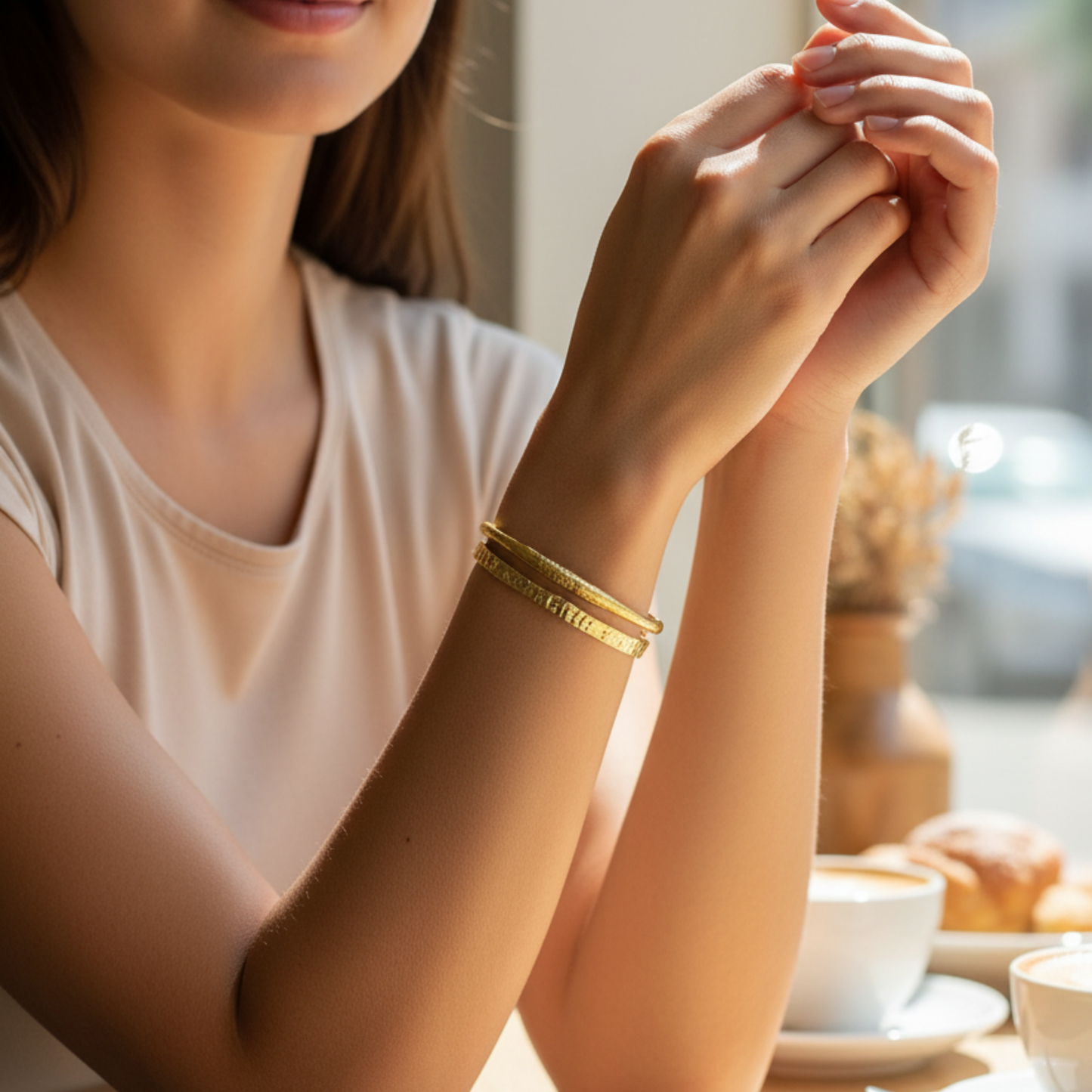 textured ripple gold cuff bracelet with hammered organic finish and adjustable open design